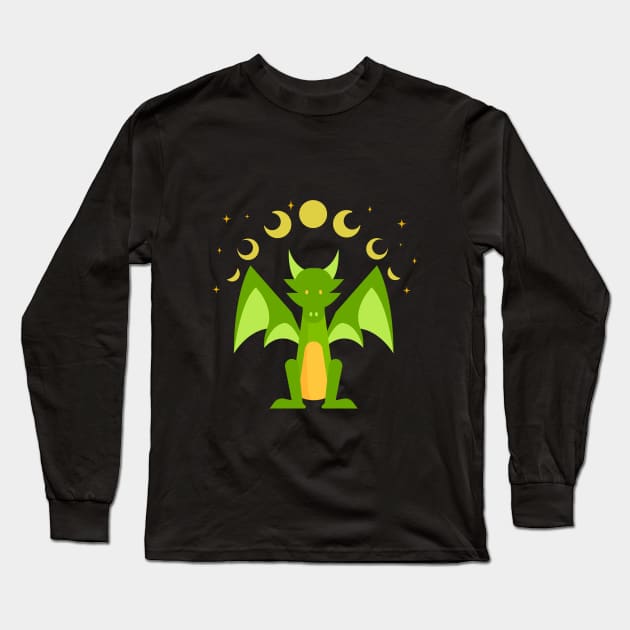 Green dragon under the moon and stars. Long Sleeve T-Shirt by DQOW